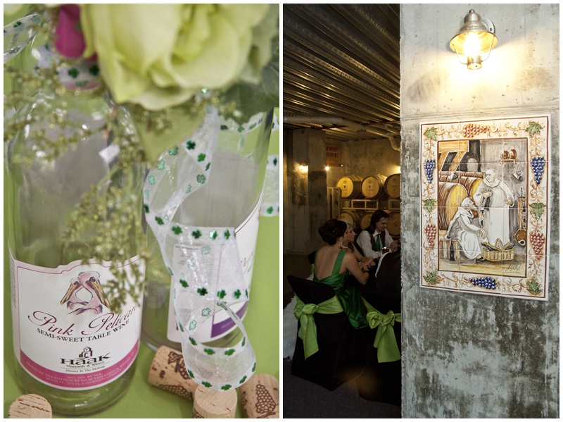 wine bottles, wine cellar, Haak Winery, Santa Fe Texas, Galveston wedding photographer, St. Patrick's Day, wedding, green