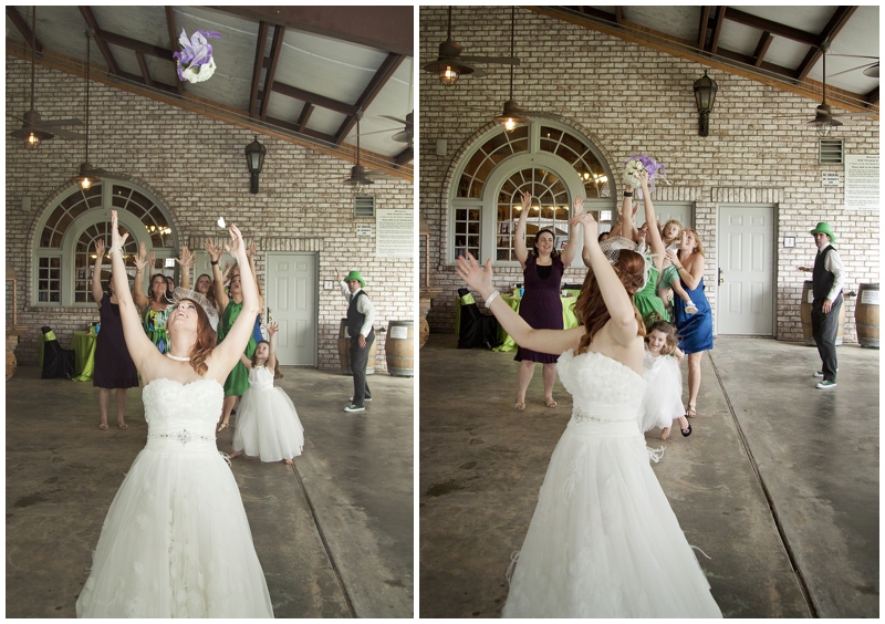 Haak Winery, Santa Fe Texas, Galveston wedding photographer, St. Patrick's Day, wedding, green, bouquet toss