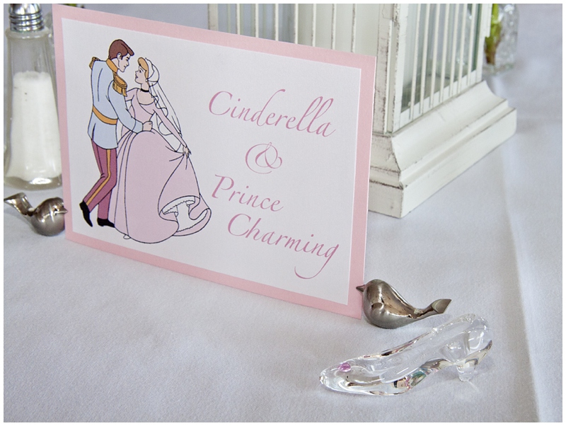 Enchantment Banquet Hall, glass slipper, cinderella, prince charming, table sign, table number