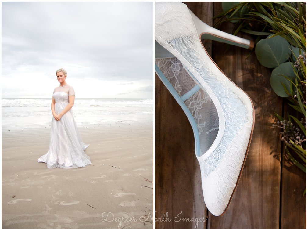 Bride in a silver wedding dress on Galveston Beach