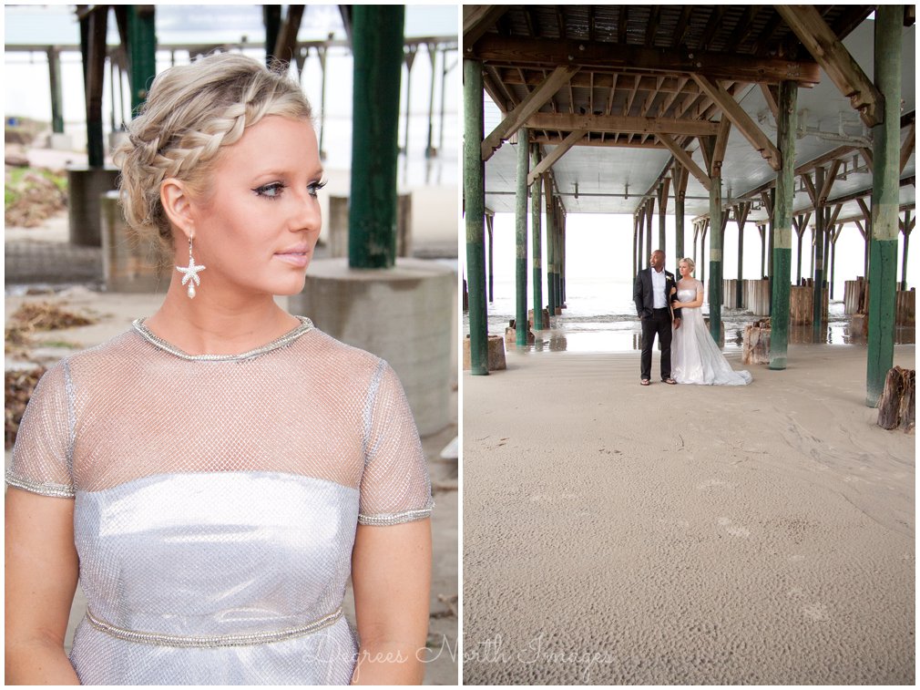 Bride and groom under pier on Galveston Island