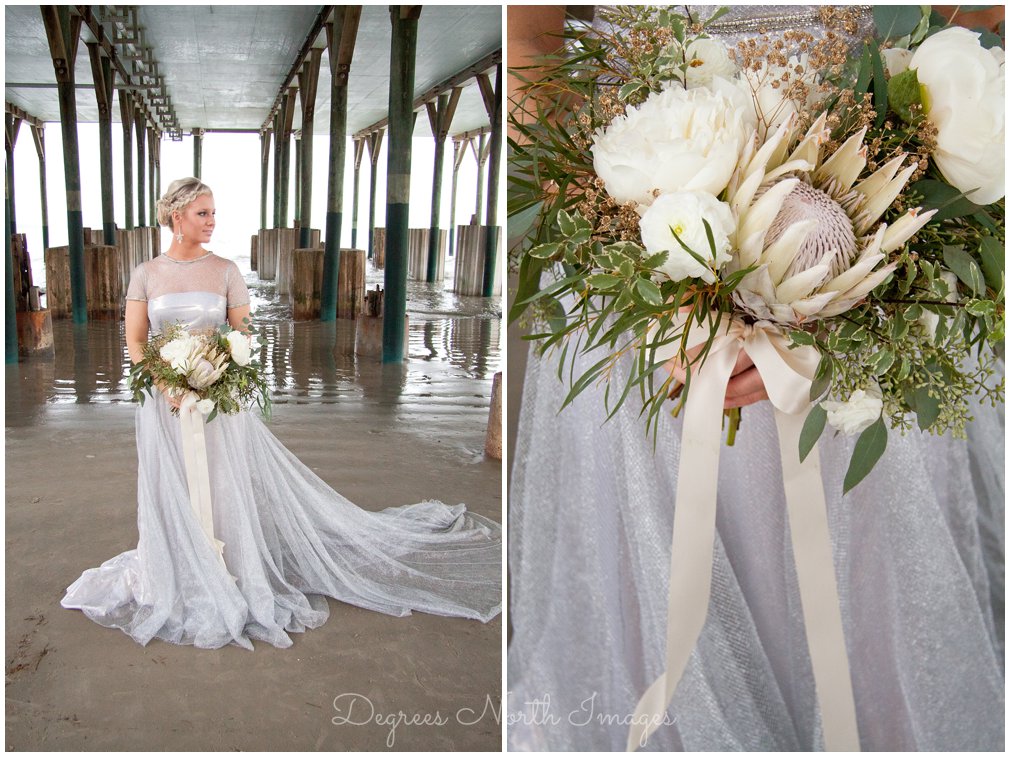 Bride with white protea and peony bouquet in Galveston, Texas