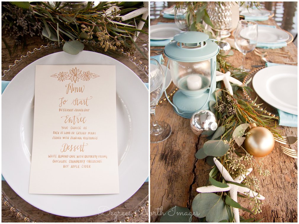 Christmas wedding menu with poinsettia and centerpiece with ornaments