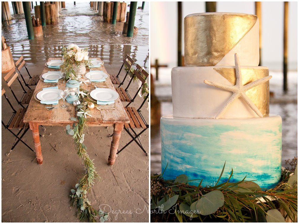 Aqua, gold and white 3-tier round wedding cake with starfish