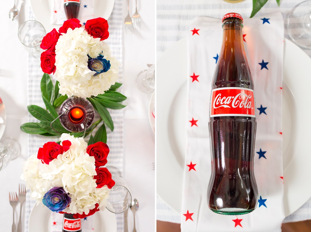 4th of July wedding table with red white and blue centerpieces and Coca-Cola favors