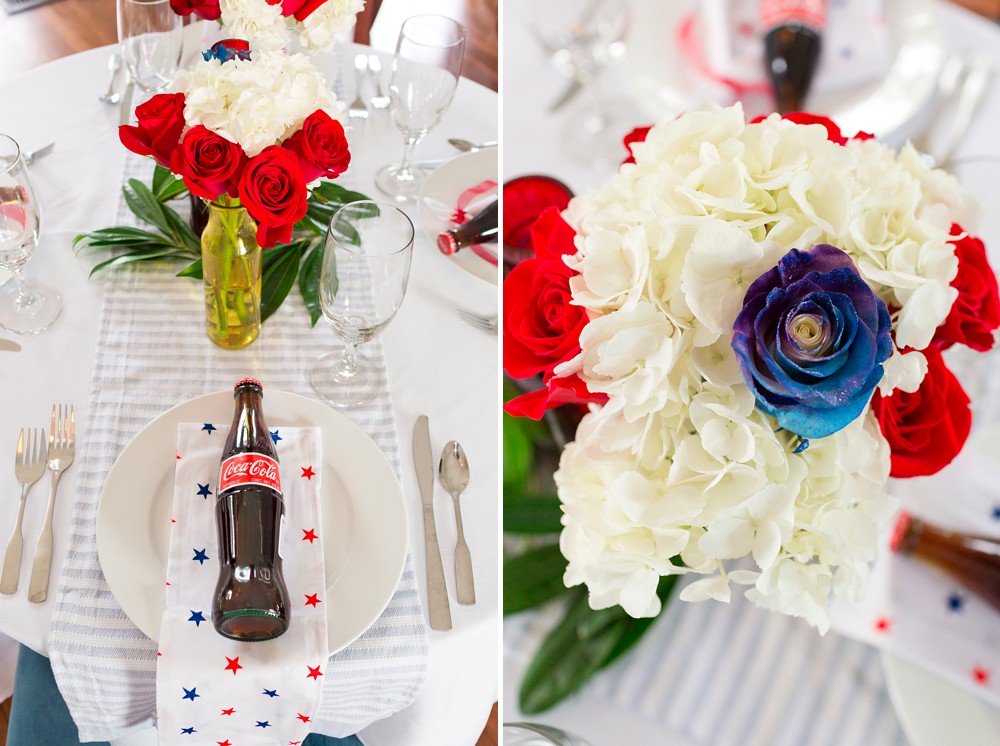 Coca-Cola 4th of July wedding favors and centerpieces with blue roses