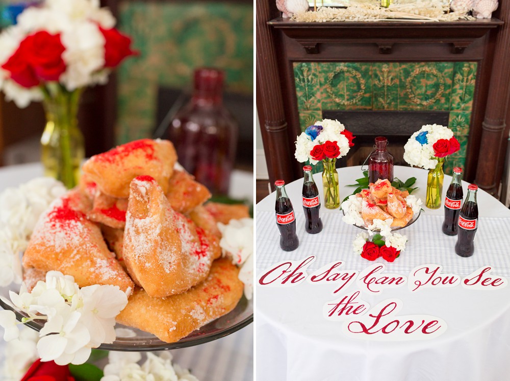 4th of July wedding cake alternative of beignets with red sugar
