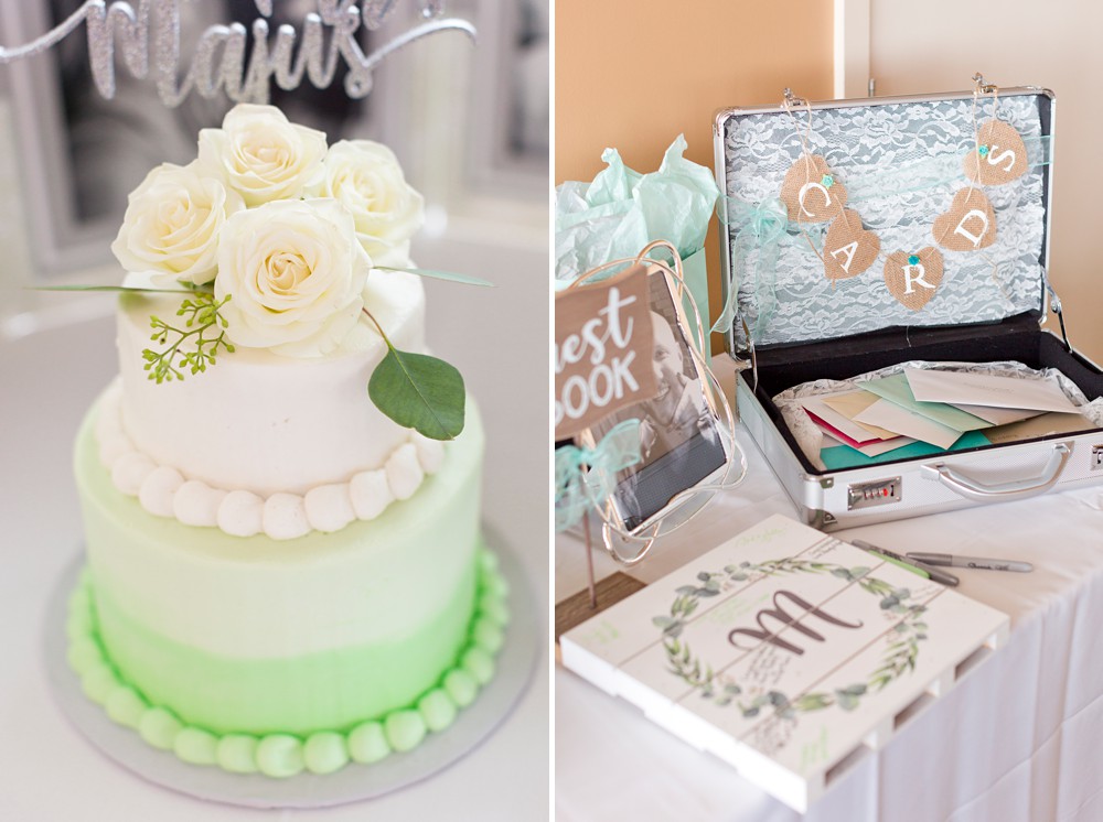 White and mint green wedding cake, guest book table