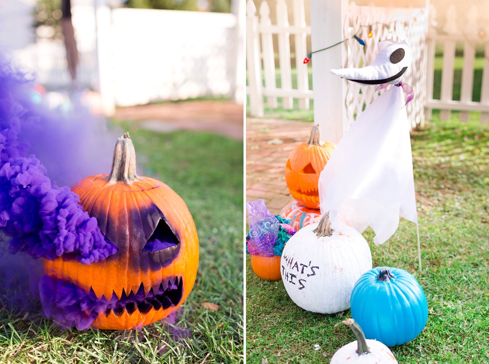 Nightmare Before Christmas Zero, painted pumpkins, pumpkin with purple smoke bomb