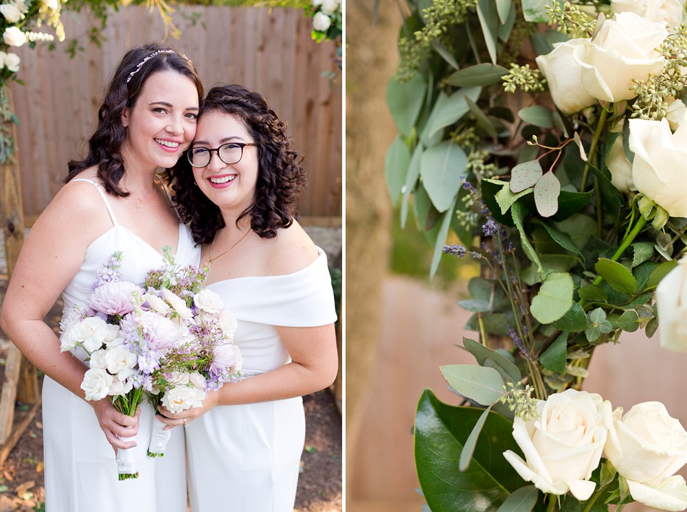 Couple portrait of two brides at their backyard wedding in Houston