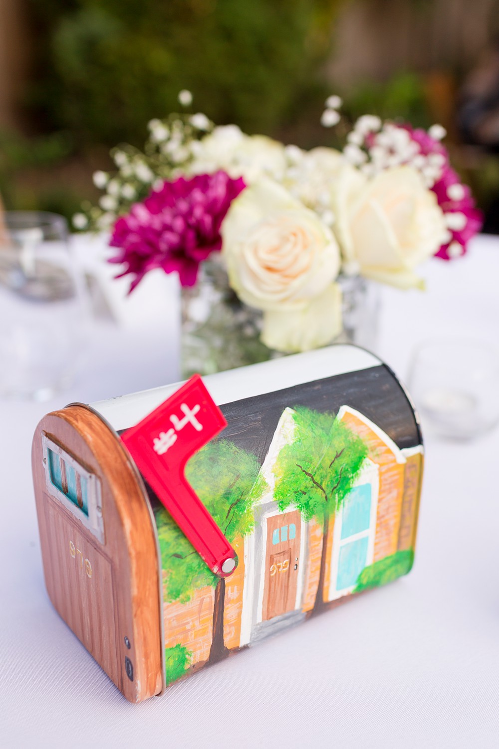 Hand painted mailbox centerpiece table number with the couple's home