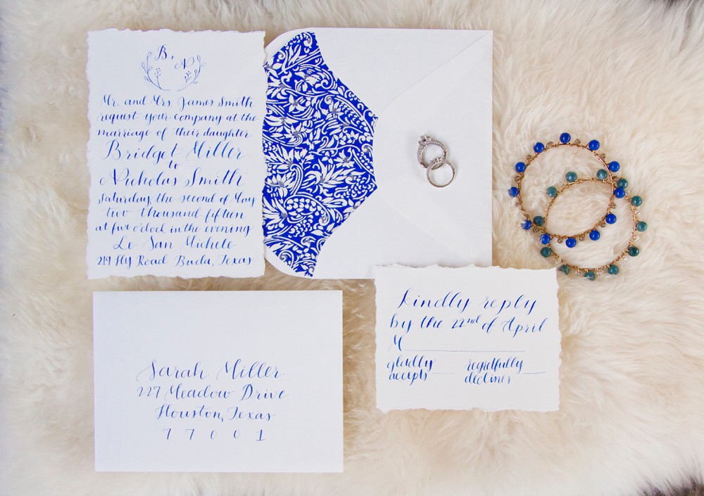 Blue and white calligraphy wedding invitations