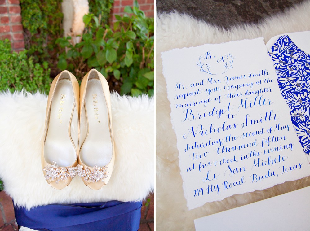 Gold wedding shoes and blue and white wedding invitations