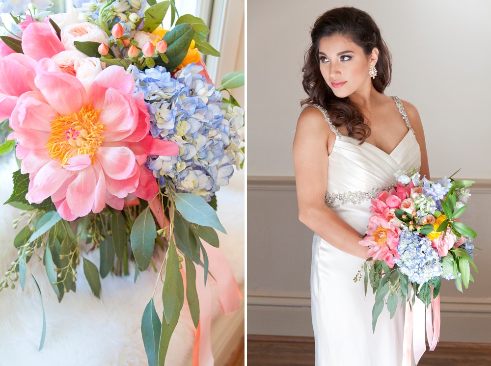 Bride in satin sheath gown with pink and blue bouquet