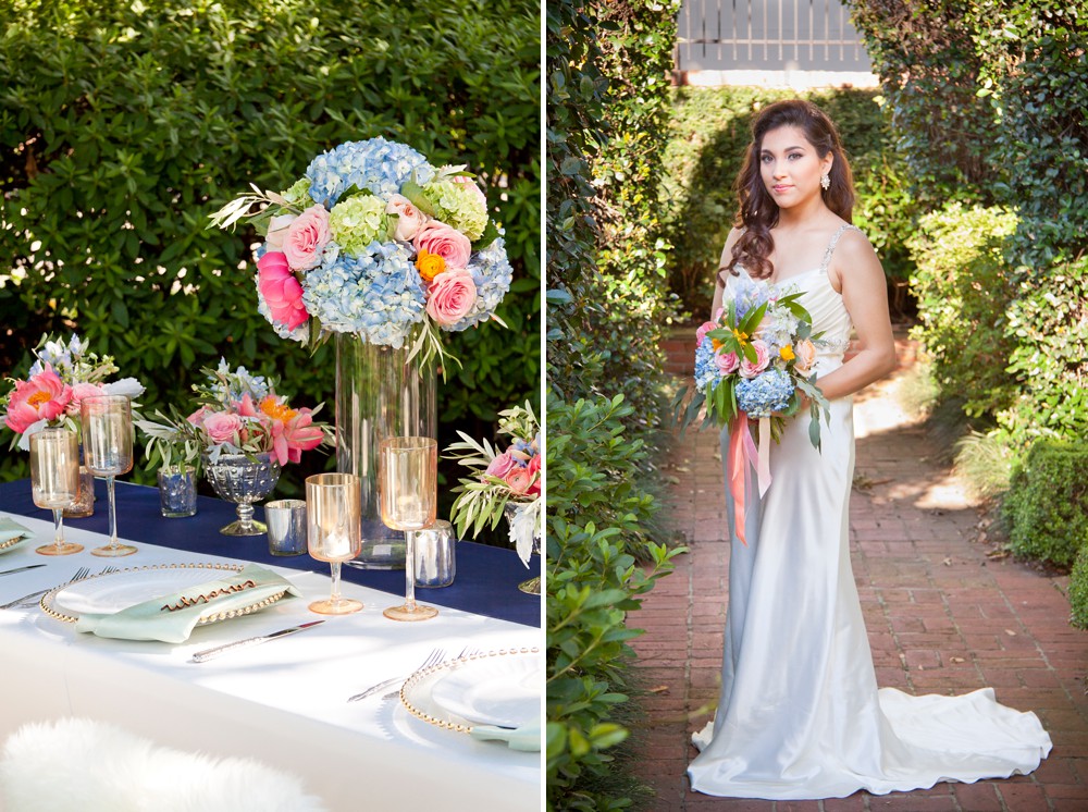 colorful wedding inspiration garden centerpiece with pink peony and blue hydrangea