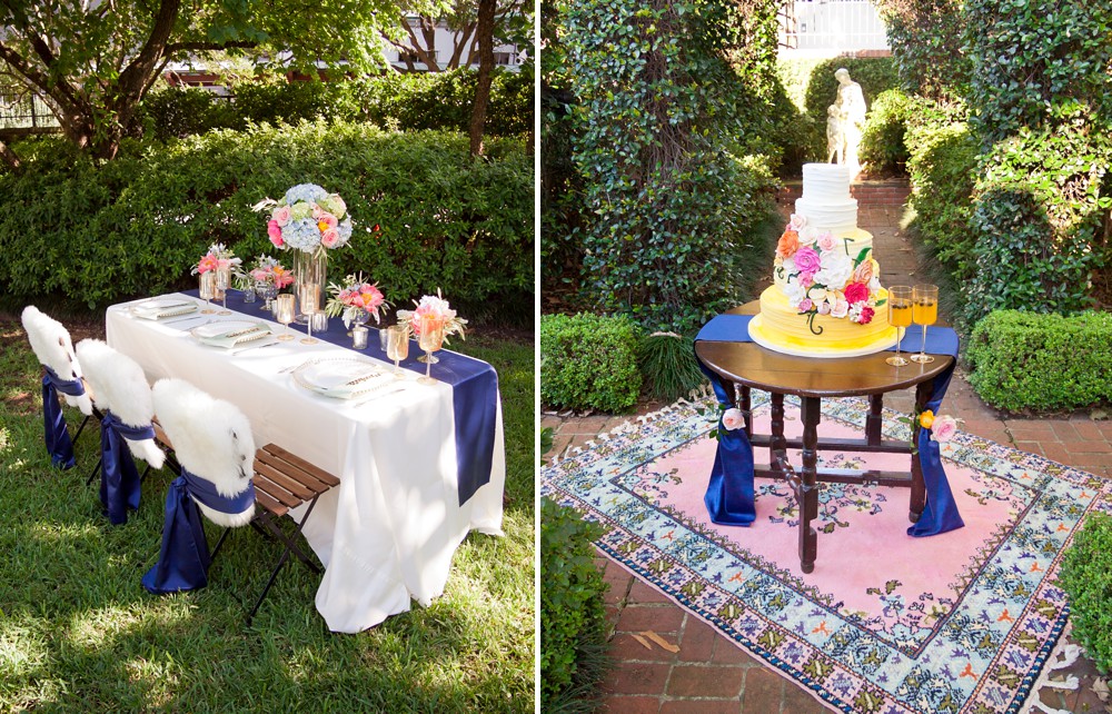 colorful wedding inspiration centerpieces and yellow ombre cake