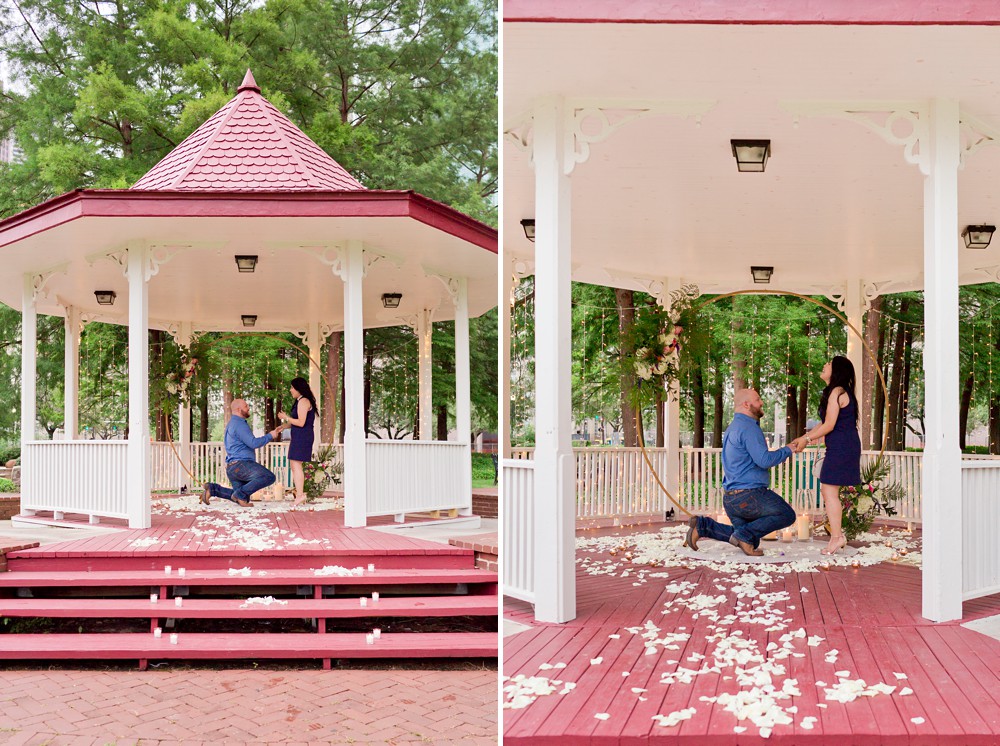 Couple in the bandstand at their Sam Houston Park proposal.