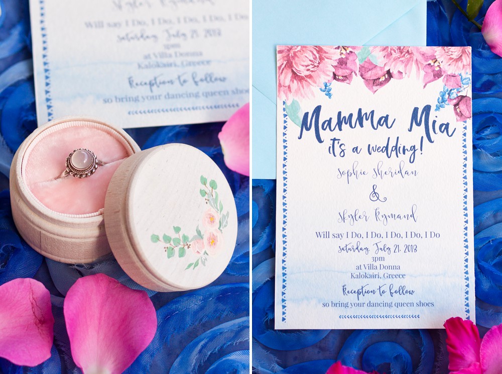 Mamma Mia wedding invitation and blue chalcedony engagement ring