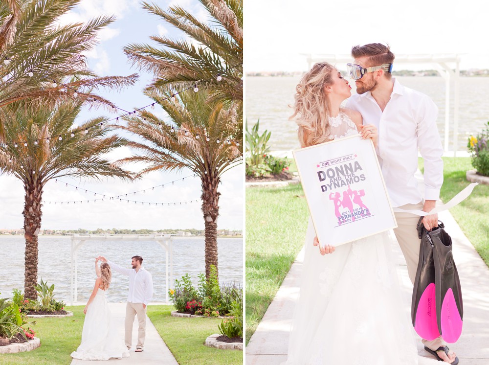 Bride with Donna and the Dynamos poster and groom wearing a scuba mask at Mamma Mia wedding