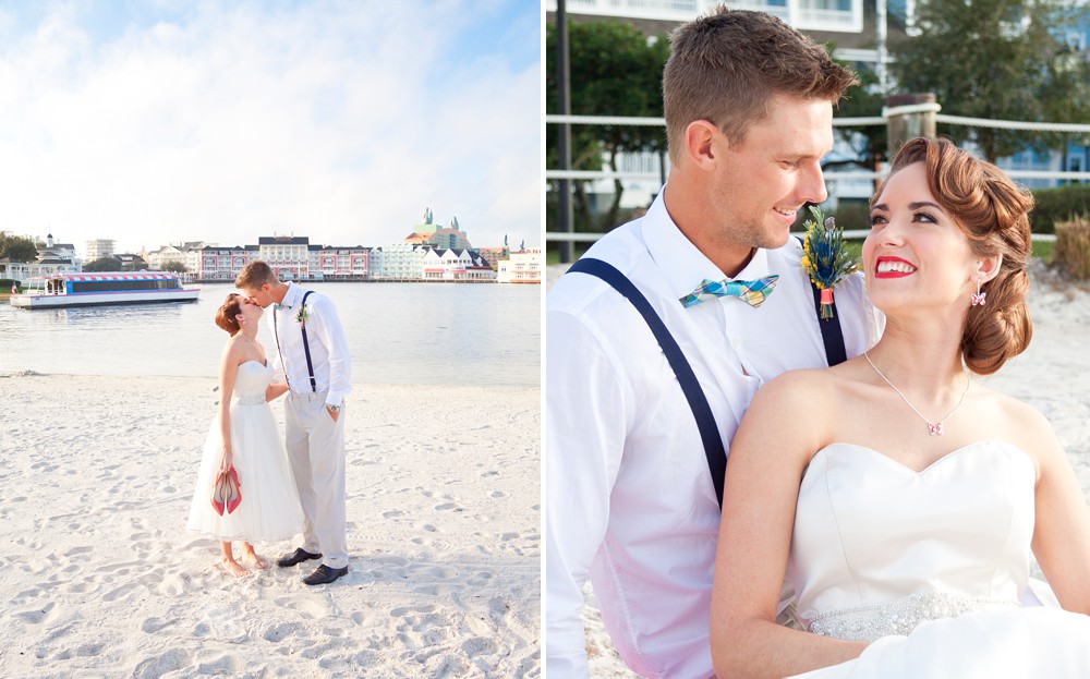 Bride and groom on beach at Disney's Beach Club Resort