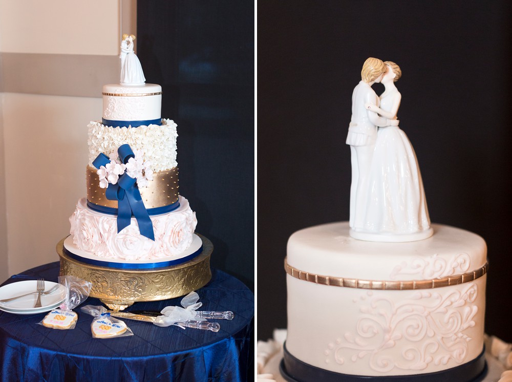 White, navy blue and gold wedding cake with same sex cake topper