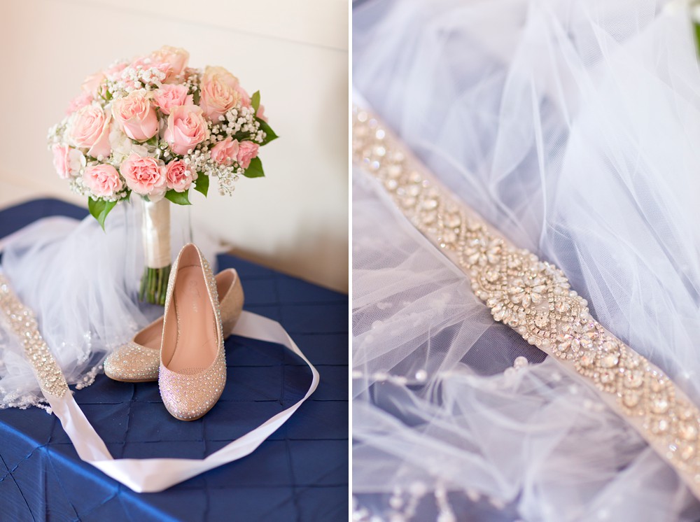 Pink rose bridal bouquet, gold flats and beaded bridal belt