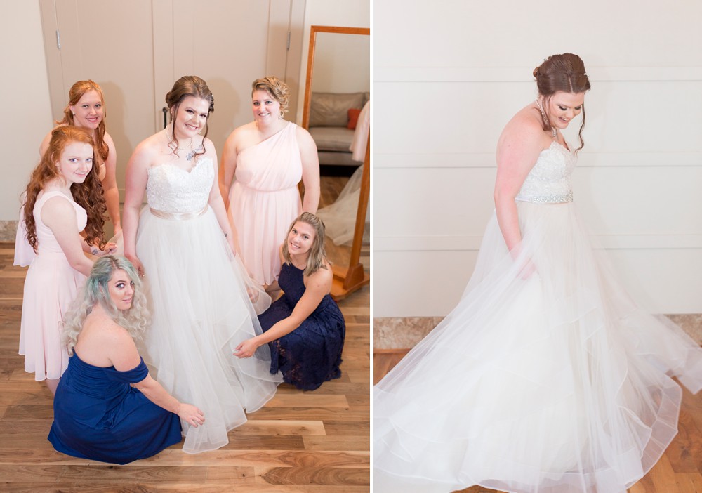 Bridesmaids fixing bride's gown and bride twirling in BHLDN gown