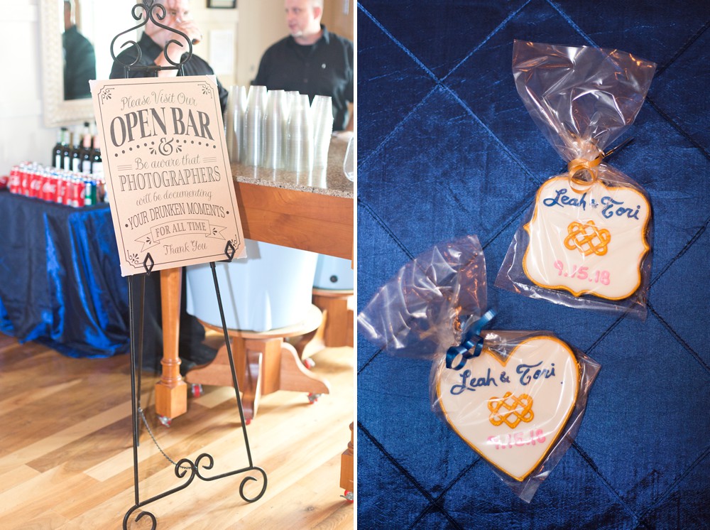 Open bar sign and personalized wedding cookie favors