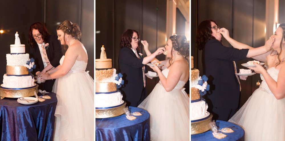 Bride and bride wedding cake cutting and cake smash