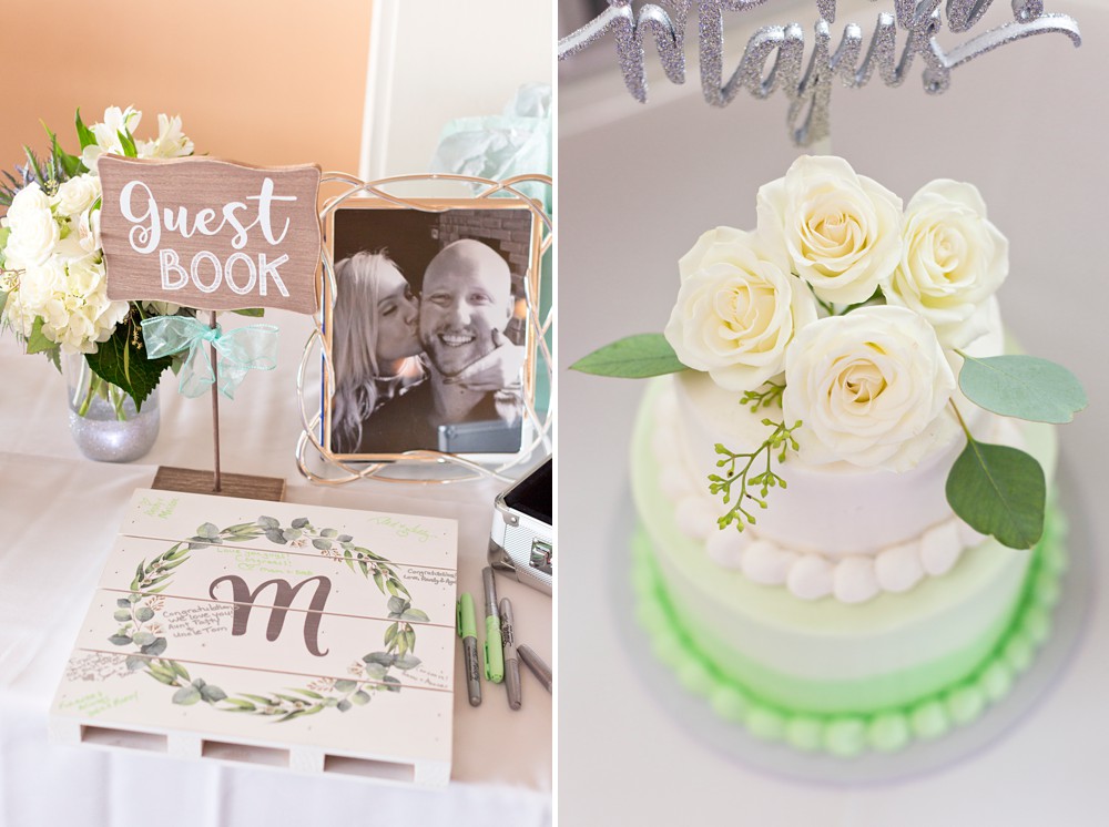 custom wood guest book; ombre mint green wedding cake
