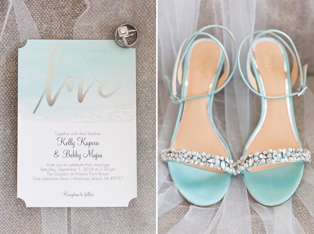 Aqua and silver wedding invitation and aqua bridal shoes