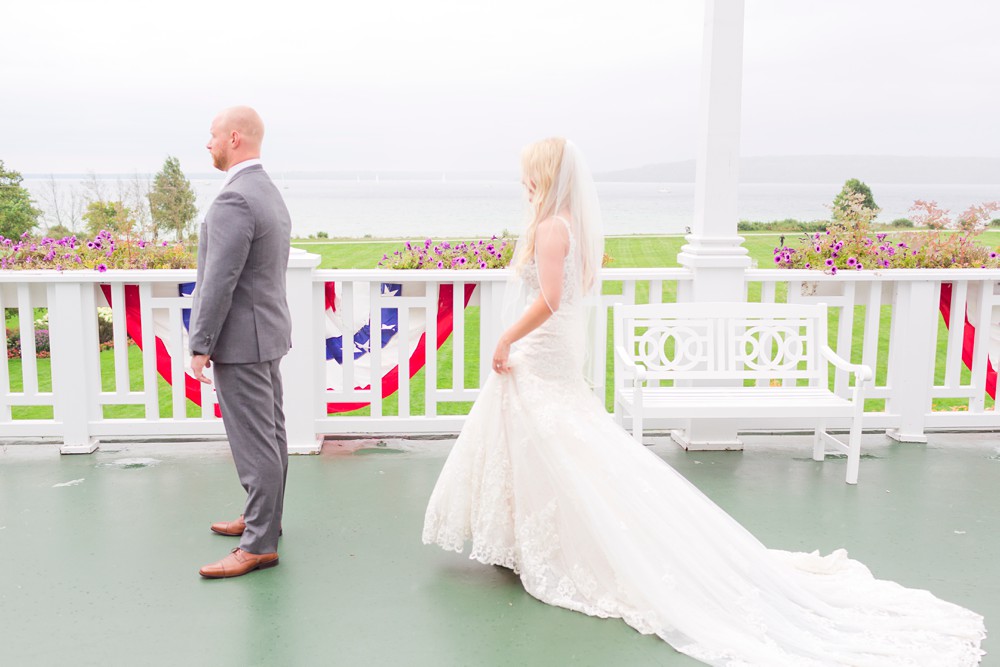 Bride and groom first look at Mission Point Resort wedding