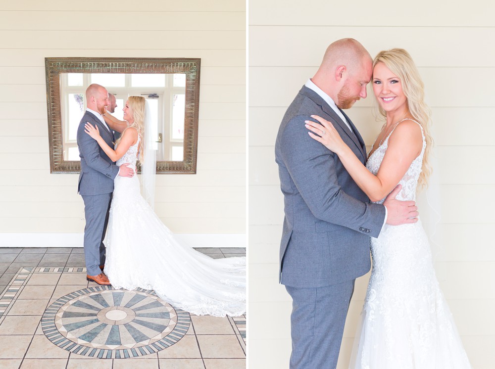 Bride and groom portraits inside at Mission Point Resort