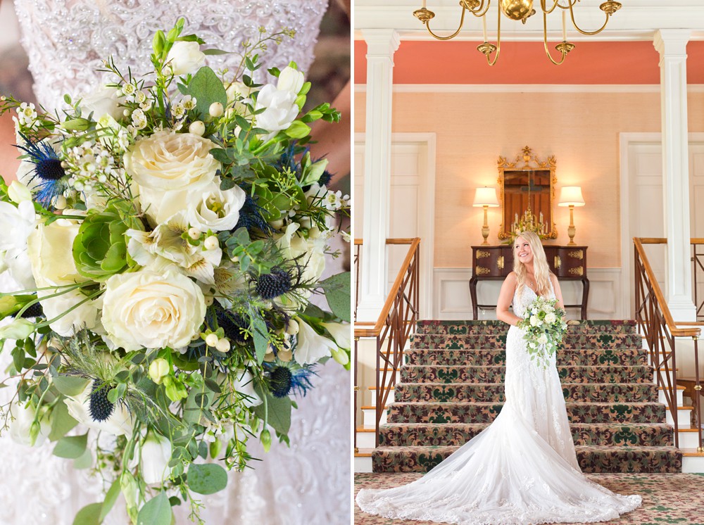 bridal bouquet and bridal portrait in front of stairs at Mission Point Resort