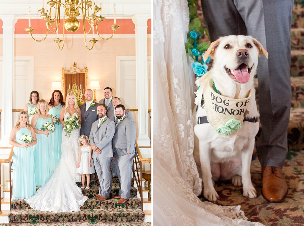 Wedding party portraits and dog of honor inside at Mission Point Resort