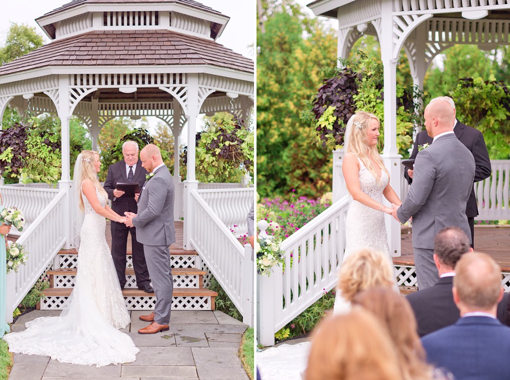 Bride and groom in front of Mission Point wedding gazebo