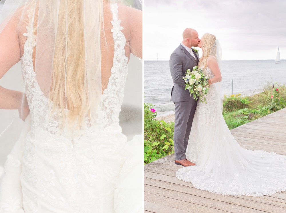 Bride and groom kissing near Windermere Point at destination wedding on Mackinac Island