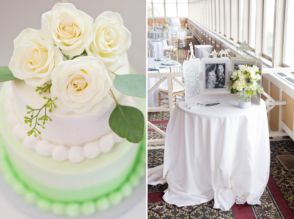 White and mint green wedding cake topped with white roses