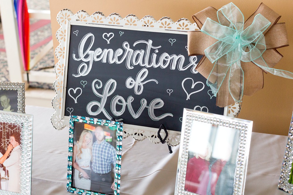 Generations of love table with family photos at wedding reception