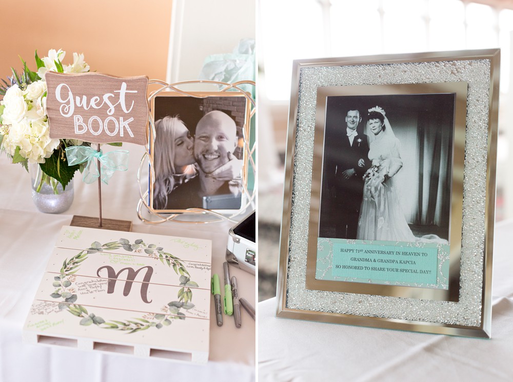 Custom wood guest book, photo of the bride's grandparents on generations of love table