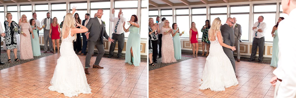 bride and groom doing the sunglasses dance at wedding reception