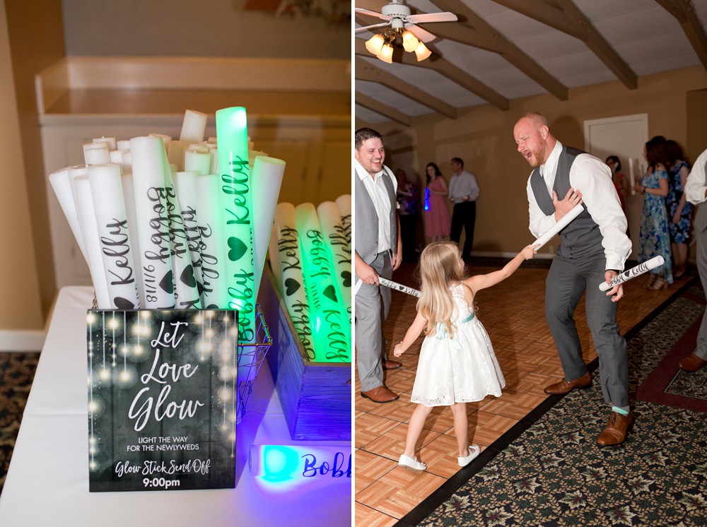 Glow stick favors, flower girl poking groom with glow stick