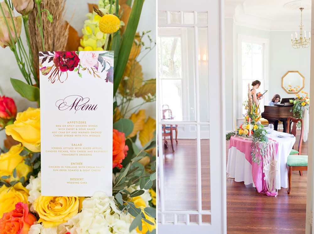 Wedding menu and dining room at Carr Mansion