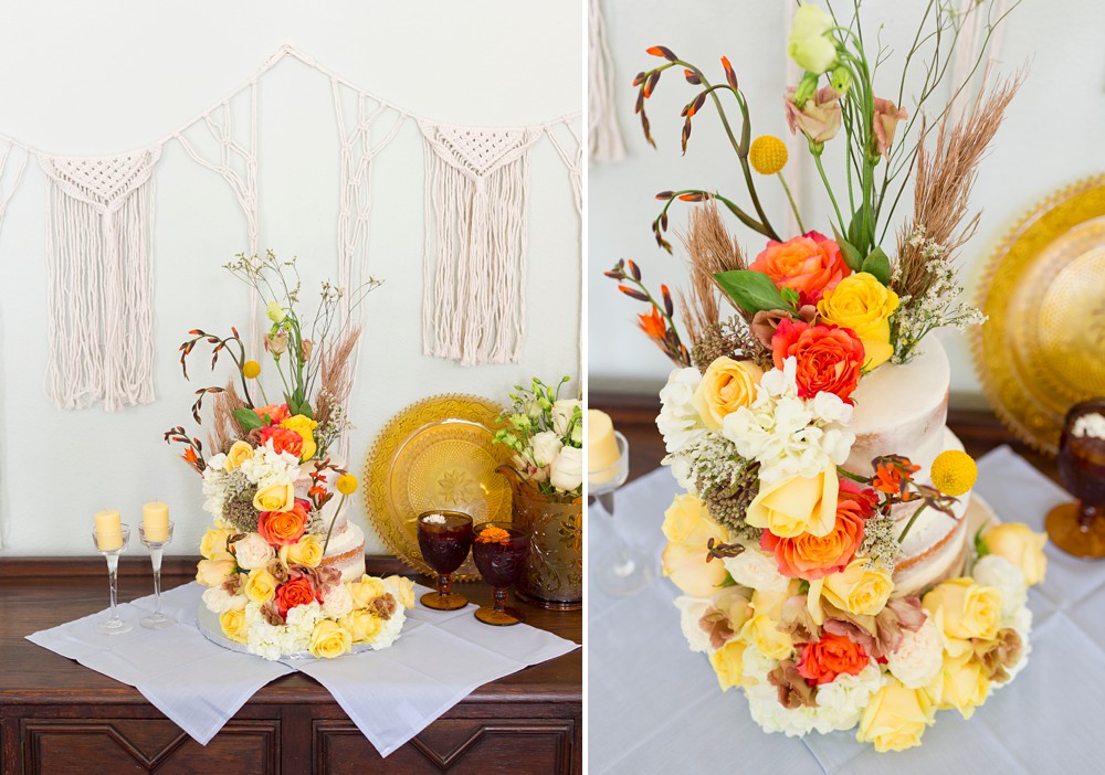 Naked cake with yellow and orange flowers for fall wedding