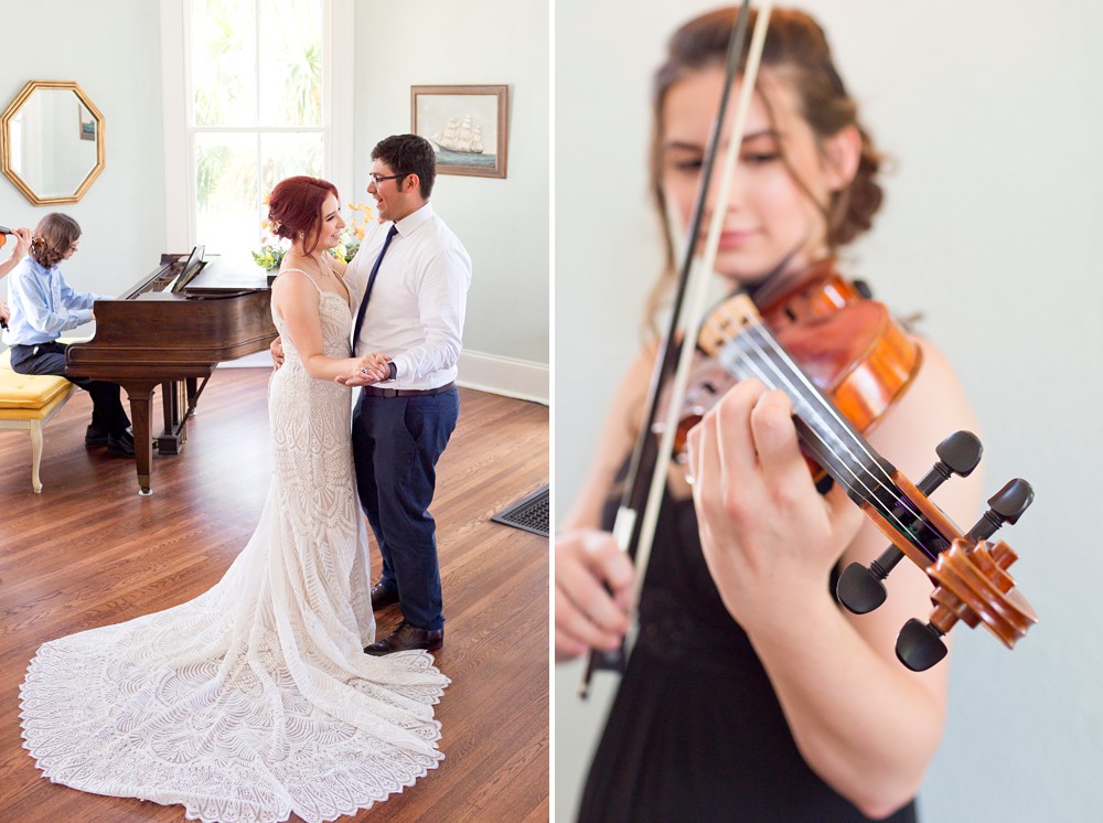 Violinist playing while bride and groom dance at Carr Mansion