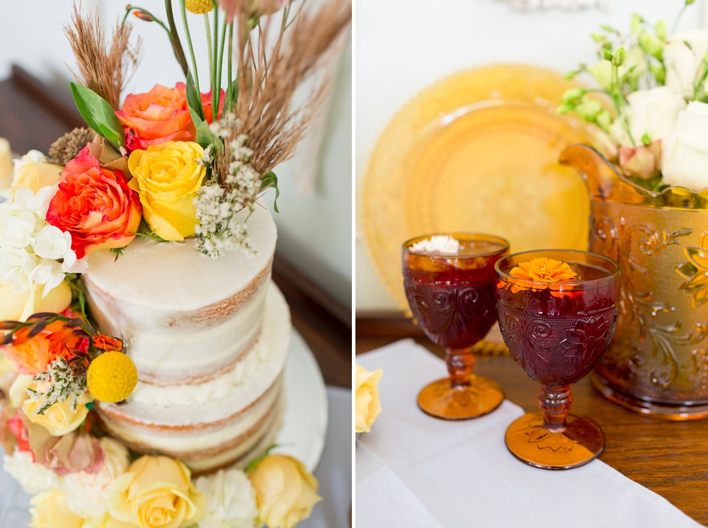 Naked wedding cake and sangria with edible flowers
