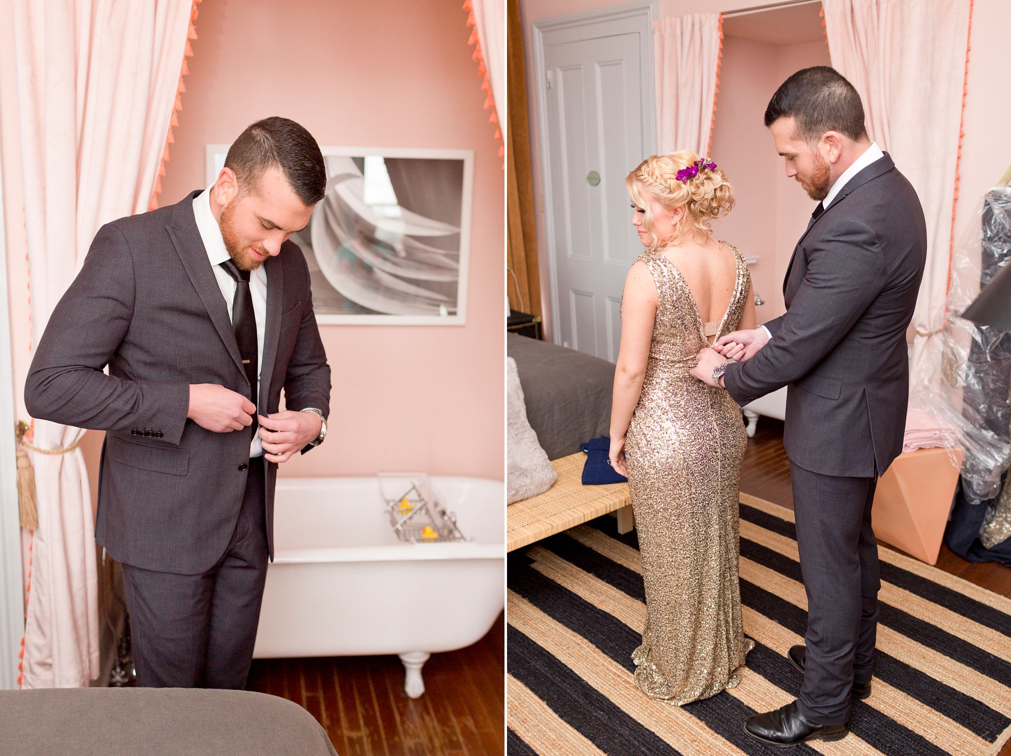 Bride and groom getting ready together before their Mardi Gras elopement