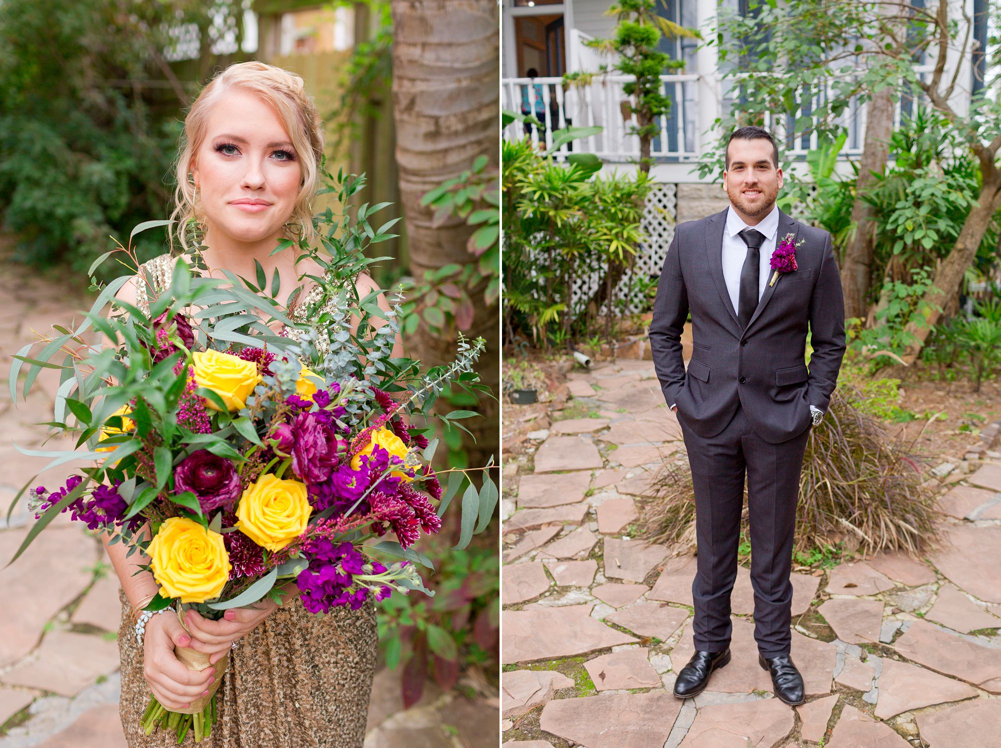 Portrait of a bride with here fuchsia and yellow bouquet; portrait of groom in charcoal suit