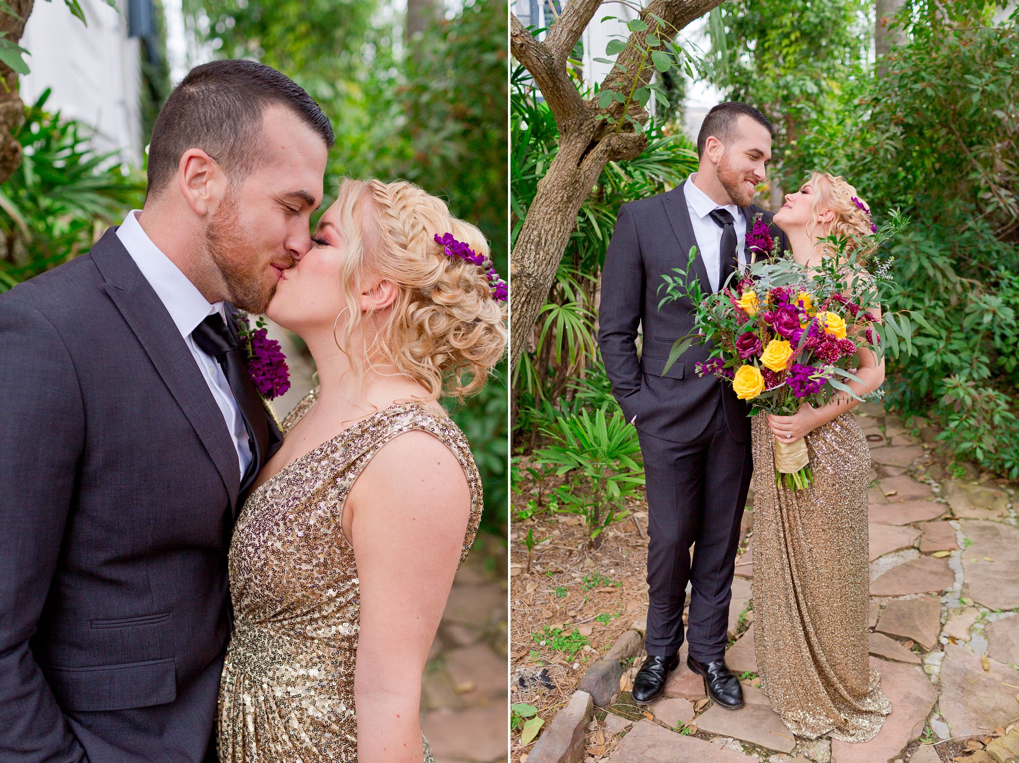 Portrait of a bride and groom kissing and smiling at each other
