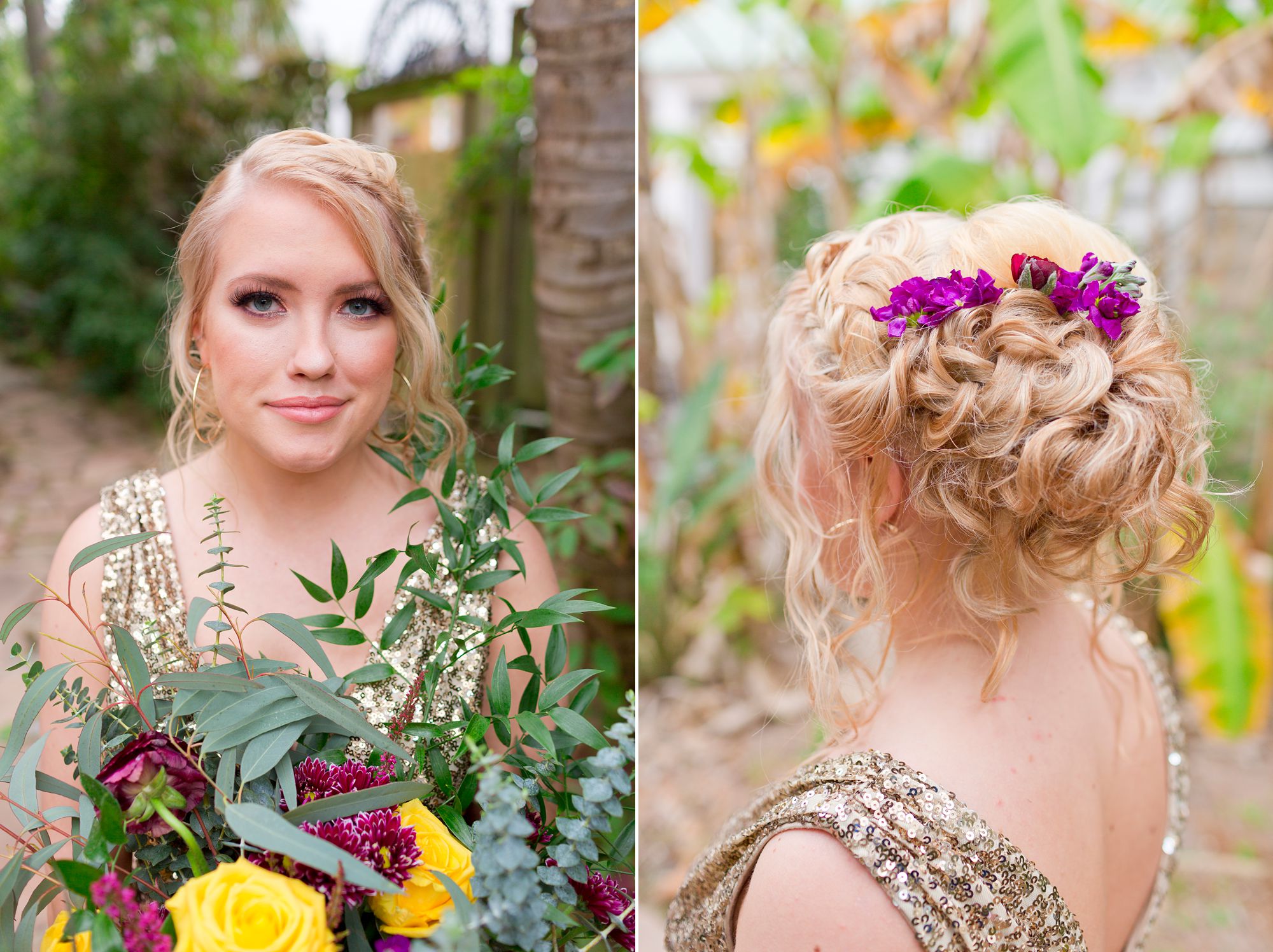 Portrait of a bride with her bouquet; bridal updo with flowers